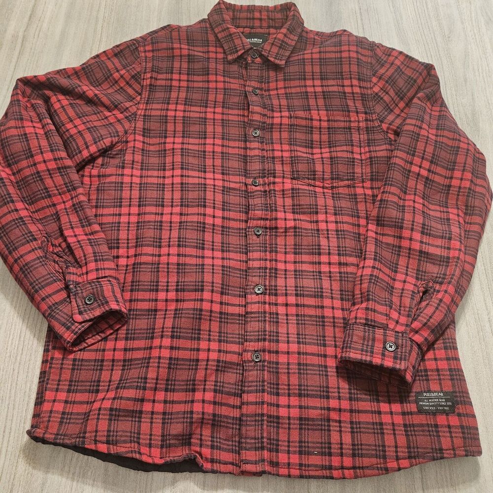 PULL & BEAR Red Plaid Jacket Size L Mens‎ Regular Fit Flannel Shacket